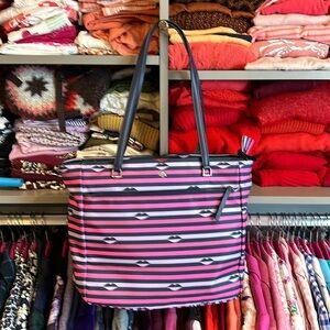 Kate Spade navy/purple/pink striped with lips nylon tote bag